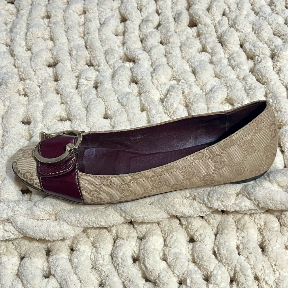 Gucci Brown Leather and GG Monogram Logo Canvas Buckle Detail Ballet Flats - Picture 5 of 8